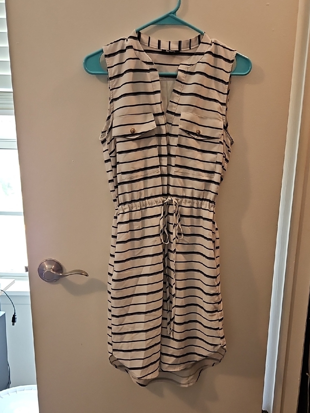 XOXO Sleeveless Striped Drawstring Mini Dress - White and Black
